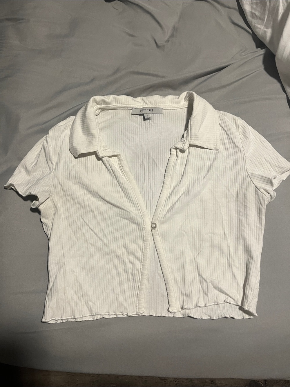 Love Tree White Ribbed Polo-Style Cropped Top